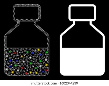 Glowing mesh liquid bottle icon with lightspot effect. Abstract illuminated model of liquid bottle. Shiny wire carcass triangular mesh liquid bottle icon. Vector abstraction on a black background.