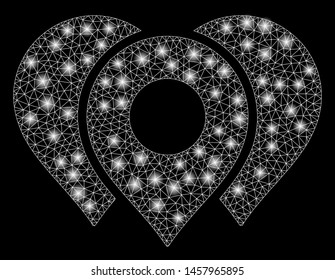 Glowing mesh location markers with glare effect. Abstract illuminated model of location markers icon. Shiny wire carcass triangular mesh location markers. Vector abstraction on a black background.