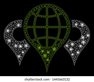 Glowing mesh locations with sparkle effect. Abstract illuminated model of locations icon. Shiny wire carcass triangular mesh locations. Vector abstraction on a black background.