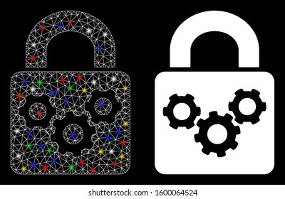 Glowing mesh lock gears icon with glitter effect. Abstract illuminated model of lock gears. Shiny wire frame polygonal mesh lock gears icon. Vector abstraction on a black background.
