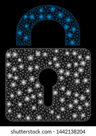 Glowing mesh lock with sparkle effect. Abstract illuminated model of lock icon. Shiny wire frame polygonal mesh lock. Vector abstraction on a black background.