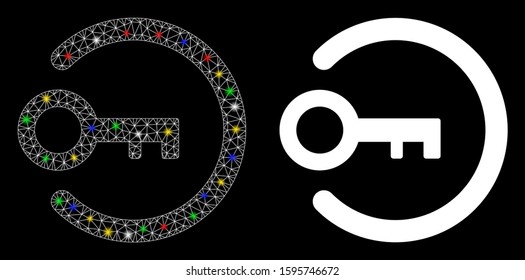 Glowing mesh login key icon with glow effect. Abstract illuminated model of login key. Shiny wire carcass polygonal mesh login key icon. Vector abstraction on a black background.