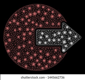 Glowing mesh logout with glare effect. Abstract illuminated model of logout icon. Shiny wire carcass triangular mesh logout. Vector abstraction on a black background.