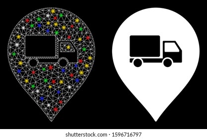 Glowing mesh lorry marker icon with glitter effect. Abstract illuminated model of lorry marker. Shiny wire frame polygonal network lorry marker icon. Vector abstraction on a black background.