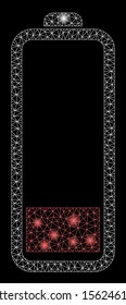 Glowing mesh low battery level with sparkle effect. Abstract illuminated model of low battery level icon. Shiny wire frame triangular network low battery level.