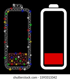 Glowing mesh low battery level icon with sparkle effect. Abstract illuminated model of low battery level. Shiny wire frame polygonal mesh low battery level icon.