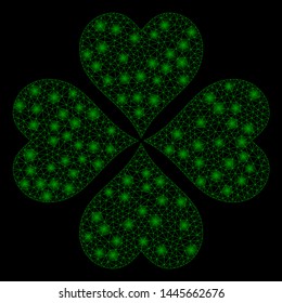 Glowing mesh lucky cloever with glare effect. Abstract illuminated model of lucky cloever icon. Shiny wire frame triangular mesh lucky cloever. Vector abstraction on a black background.