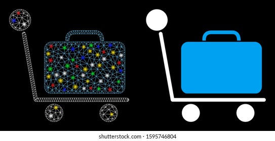Glowing mesh luggage trolley icon with glitter effect. Abstract illuminated model of luggage trolley. Shiny wire frame polygonal mesh luggage trolley icon. Vector abstraction on a black background.