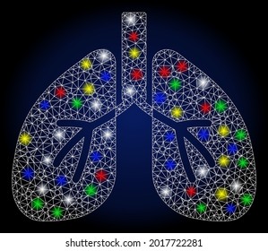 Glowing mesh lungs with glare effect. Abstract illuminated vector model of lungs icon on a dark blue gradiented background. White wire carcass polygonal mesh lungs. Mesh built from 2d polygonal grid,
