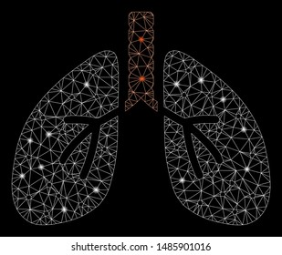 Glowing mesh lungs with sparkle effect. Abstract illuminated model of lungs icon. Shiny wire frame triangular network lungs. Vector abstraction on a black background.