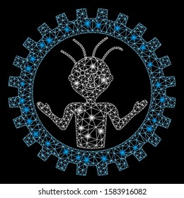 Glowing mesh mad engineer with glare effect. Abstract illuminated model of mad engineer icon. Shiny wire carcass triangular network mad engineer. Vector abstraction on a black background.