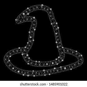 Glowing mesh magic hat with glitter effect. Abstract illuminated model of magic hat icon. Shiny wire carcass triangular mesh magic hat. Vector abstraction on a black background.