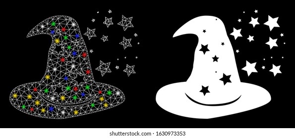 Glowing mesh magic hat icon with glitter effect. Abstract illuminated model of magic hat. Shiny wire frame polygonal network magic hat icon. Vector abstraction on a black background.