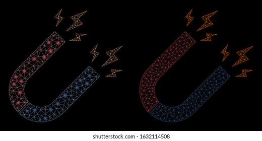 Glowing mesh magnet power with glare effect. Abstract illuminated model of magnet power icon. Shiny wire frame triangular mesh magnet power icon. Vector abstraction on a black background.