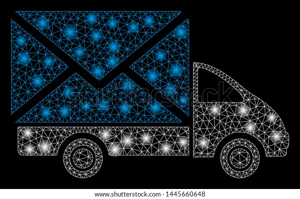 Glowing mesh mail delivery car with sparkle\
effect. Abstract illuminated model of mail delivery car icon. Shiny\
wire frame polygonal mesh mail delivery car. Vector abstraction on\
a black background.
