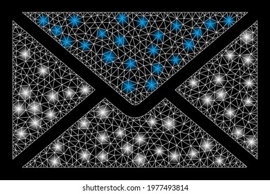 Glowing mesh mail with glare effect. Abstract illuminated model of mail icon. Shiny wire frame polygonal network mail. Vector abstraction on a black background.