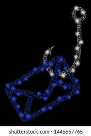 Glowing mesh mail phishing hook with sparkle effect. Abstract illuminated model of mail phishing hook icon. Shiny wire carcass polygonal mesh mail phishing hook.