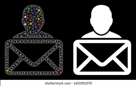 Glowing mesh mail recipient icon with glare effect. Abstract illuminated model of mail recipient. Shiny wire carcass triangular mesh mail recipient icon. Vector abstraction on a black background.