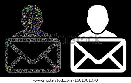 Glowing mesh mail recipient icon with glare effect. Abstract illuminated model of mail recipient. Shiny wire carcass triangular mesh mail recipient icon. Vector abstraction on a black background.