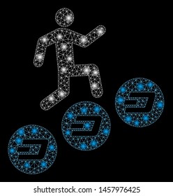 Glowing mesh man climb Dash coins with glitter effect. Abstract illuminated model of man climb Dash coins icon. Shiny wire frame triangular mesh man climb Dash coins.