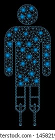 Glowing mesh man crutches with glare effect. Abstract illuminated model of man crutches icon. Shiny wire carcass triangular mesh man crutches. Vector abstraction on a black background.