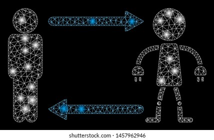 Glowing mesh man exchange robot with glow effect. Abstract illuminated model of man exchange robot icon. Shiny wire carcass triangular mesh man exchange robot.