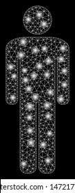 Glowing mesh man with glare effect. Abstract illuminated model of man icon. Shiny wire frame triangular network man. Vector abstraction on a black background.