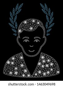 Glowing mesh man glory with glow effect. Abstract illuminated model of man glory icon. Shiny wire carcass triangular mesh man glory. Vector abstraction on a black background.