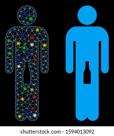 Glowing mesh man icon with glow effect. Abstract illuminated model of man. Shiny wire carcass polygonal mesh man icon. Vector abstraction on a black background.