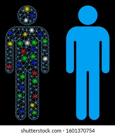 Glowing mesh man icon with lightspot effect. Abstract illuminated model of man. Shiny wire carcass triangular network man icon. Vector abstraction on a black background.