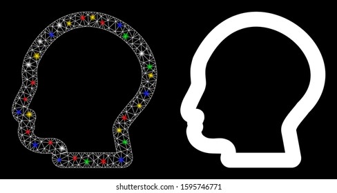 Glowing mesh man profile icon with sparkle effect. Abstract illuminated model of man profile. Shiny wire carcass triangular mesh man profile icon. Vector abstraction on a black background.