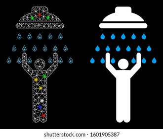 Glowing mesh man under shower icon with glow effect. Abstract illuminated model of man under shower. Shiny wire carcass triangular mesh man under shower icon. Vector abstraction on a black background.