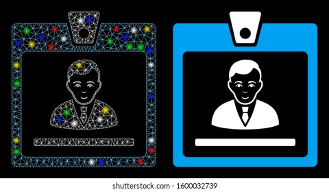 Glowing mesh manager badge icon with lightspot effect. Abstract illuminated model of manager badge. Shiny wire frame polygonal network manager badge icon. Vector abstraction on a black background.