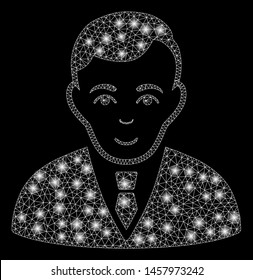 Glowing mesh manager with glare effect. Abstract illuminated model of manager icon. Shiny wire carcass triangular mesh manager. Vector abstraction on a black background.