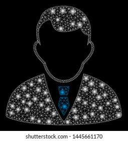 Glowing mesh manager with glitter effect. Abstract illuminated model of manager icon. Shiny wire carcass triangular mesh manager. Vector abstraction on a black background.