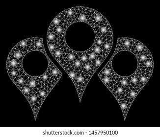 Glowing mesh map locations with glare effect. Abstract illuminated model of map locations icon. Shiny wire carcass triangular mesh map locations. Vector abstraction on a black background.