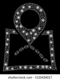 Glowing mesh map marker with glitter effect. Abstract illuminated model of map marker icon. Shiny wire frame triangular mesh map marker. Vector abstraction on a black background.