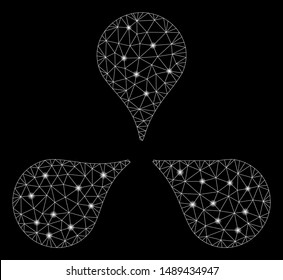 Glowing mesh map markers with glitter effect. Abstract illuminated model of map markers icon. Shiny wire carcass triangular mesh map markers. Vector abstraction on a black background.