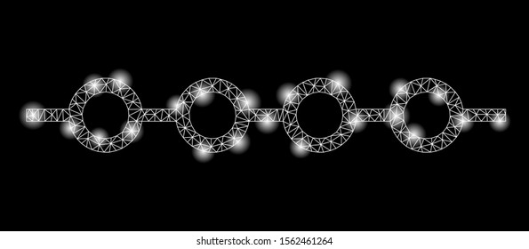 Glowing mesh marked line with glare effect. Abstract illuminated model of marked line icon. Shiny wire carcass triangular network marked line. Vector abstraction on a black background.