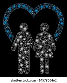 Glowing mesh marriage with glitter effect. Abstract illuminated model of marriage icon. Shiny wire carcass polygonal mesh marriage. Vector abstraction on a black background.