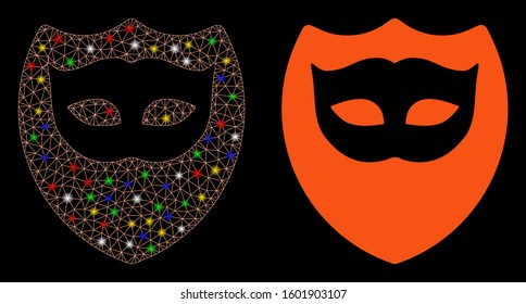 Glowing mesh mask shield icon with glow effect. Abstract illuminated model of mask shield. Shiny wire frame polygonal mesh mask shield icon. Vector abstraction on a black background.