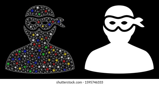 Glowing mesh masked thief icon with glow effect. Abstract illuminated model of masked thief. Shiny wire frame polygonal network masked thief icon. Vector abstraction on a black background.