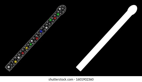 Glowing mesh match icon with glare effect. Abstract illuminated model of match. Shiny wire frame polygonal network match icon. Vector abstraction on a black background.