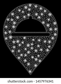 Glowing mesh meal marker with glitter effect. Abstract illuminated model of meal marker icon. Shiny wire frame triangular mesh meal marker. Vector abstraction on a black background.