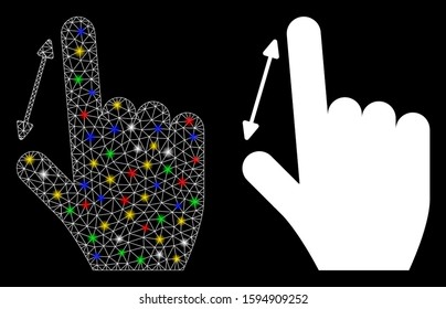 Glowing mesh measure fingers icon with glitter effect. Abstract illuminated model of measure fingers. Shiny wire frame polygonal mesh measure fingers icon. Vector abstraction on a black background.