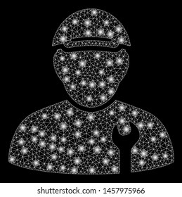 Glowing mesh mechanic with glitter effect. Abstract illuminated model of mechanic icon. Shiny wire carcass triangular network mechanic. Vector abstraction on a black background.