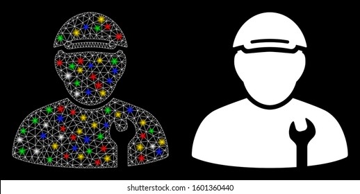 Glowing mesh mechanic icon with glitter effect. Abstract illuminated model of mechanic. Shiny wire frame triangular mesh mechanic icon. Vector abstraction on a black background.
