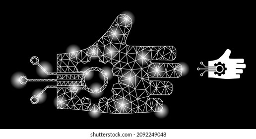 Glowing mesh mechanical arm web icon with illuminated spots. Illuminated constellation is created from mechanical arm vector icon. Illuminated frame web polygonal mechanical arm,