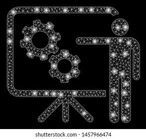 Glowing mesh mechanical gears project board with glare effect. Abstract illuminated model of mechanical gears project board icon. Shiny wire frame polygonal mesh mechanical gears project board.