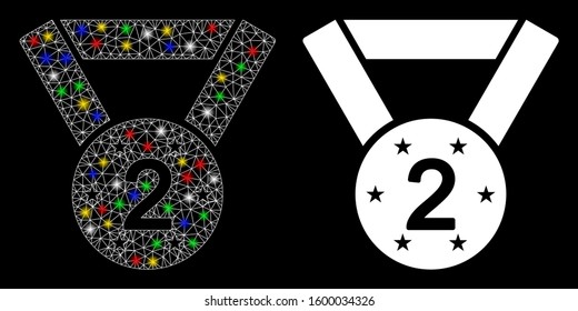 Glowing mesh medal second icon with lightspot effect. Abstract illuminated model of medal second. Shiny wire frame polygonal network medal second icon. Vector abstraction on a black background.